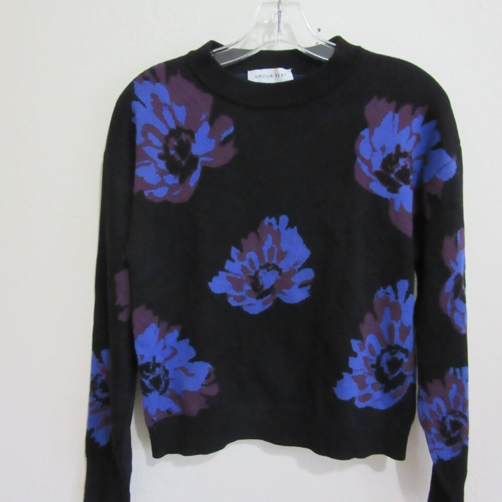 AMOUR VERT Black & Blue Pullover XS Organic Cotton Long Sleeve Sweater